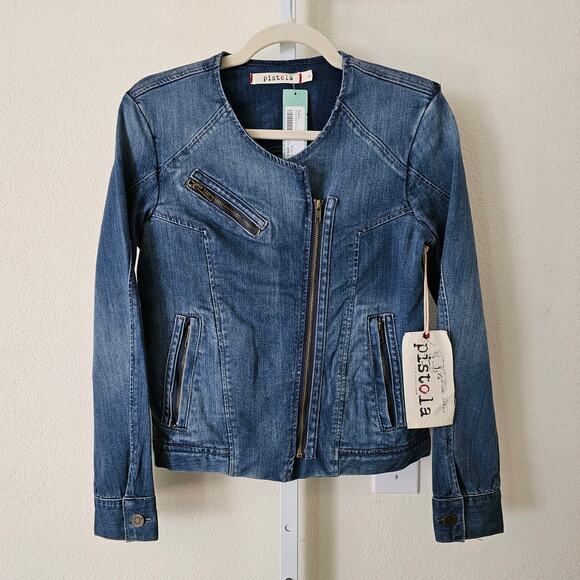pistola Jackets & Blazers - PISTOLA NWT Women's Bosie Moto Asymmetrical Blue Denim Zipper Jean Jacket Sz S